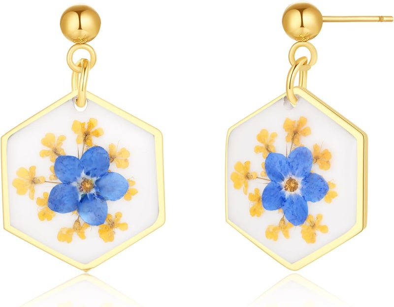 AUNTESIGN Store Forget-Me-Not and Queen Anne's Lace Pressed Wildflower Earrings | Pressed Flower Earrings | Handmade Drop and Dangle Earrings | Gift for Woman - Image 1